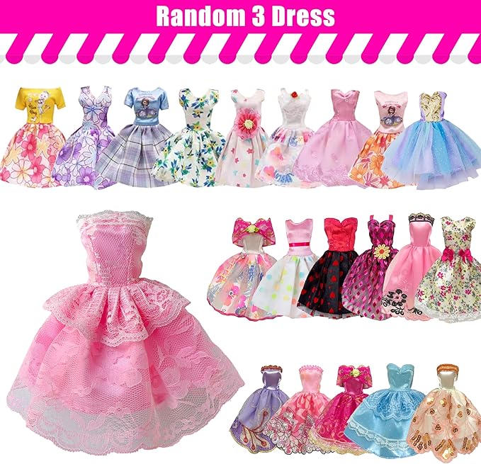35 Pieces Doll Clothes and Accessories for 11.5 Inch Girl Dolls, Random 2 Wedding Dresses, 3 Fashionable Dresses, 3 Evening Dresses, 4 Tops, 4 Pants, 2 Swimwear, 5 Shoes, 10 Hangers, Necklace, Veil
