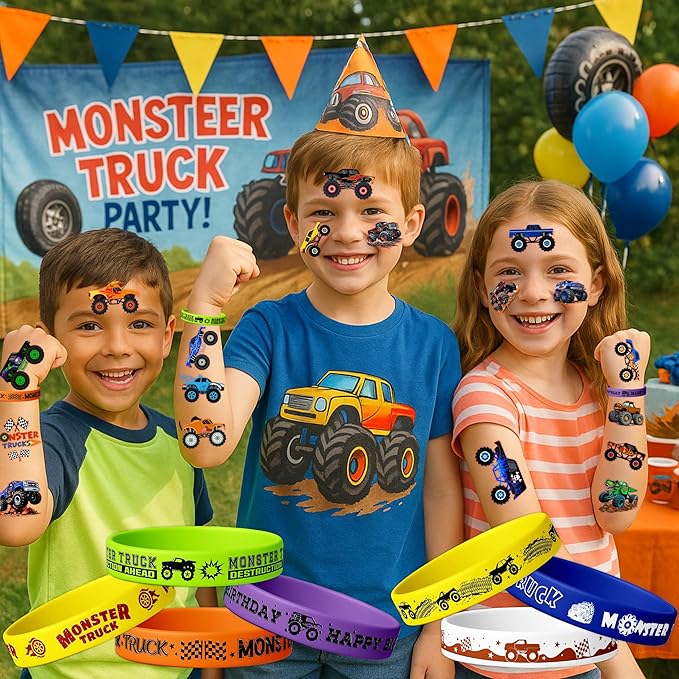 72PCS Monster Truck Party Favors for Kids - 48 Pre-Cut Temporary Tattoos & 24 Silicone Bracelets - Birthday Party Supplies, Goodie Bag Fillers, Carnival Prizes, Classroom Rewards for Boys & Girls