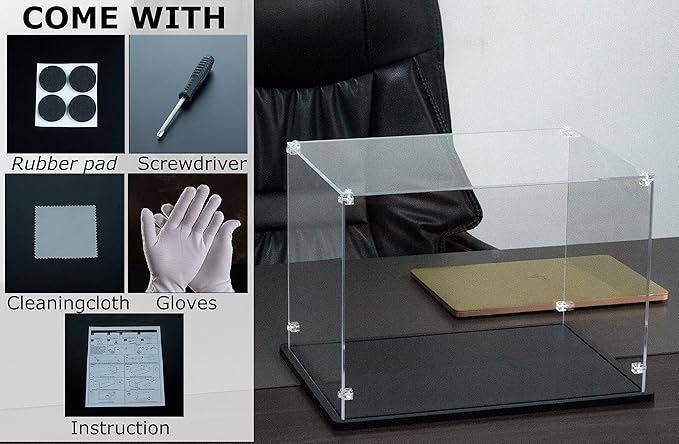 Acrylic Display Case 14x10x10 Inch - 3mm Thick Acrylic Display Box with Black Wooden Base, Assemble Dustproof Showcase Clear Display Case for Collectibles Figures Doll Toys Models