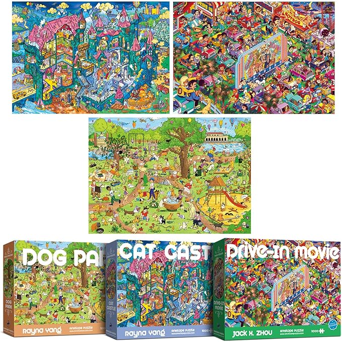 ANTELOPE 1000 Piece Puzzle Bundle, Young Adult, Cardboard, Pets and Entertainment Theme, 3 in 1 Set - Dog Park, Drive in Movie, Cat Castle