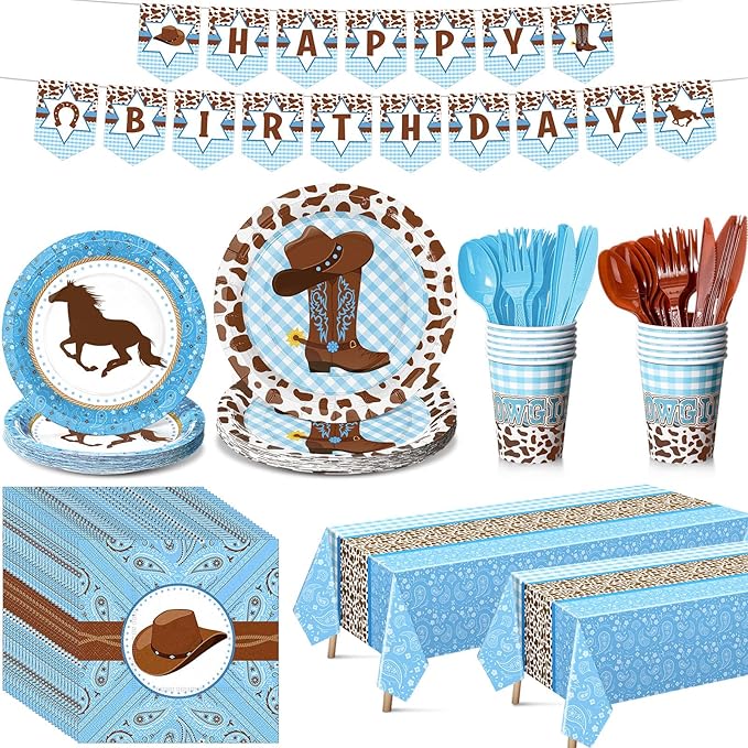 Gejoy 171 Pcs Western Cowboy Birthday Party Tableware Supplies for 24 Guests Cowboy Plates Napkins Birthday Banners Tablecloths Cups Knives Forks and Spoons for Party Decorations