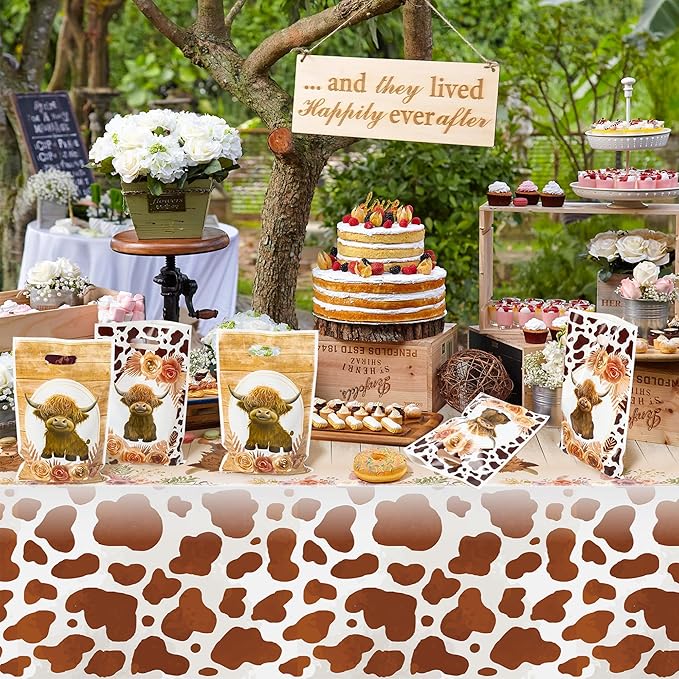Highland Cow Party Favor Bags - 50Pcs Brown Cow Print Goody Candy Treat Gifts Bags, Highland Cattle Themed Party Decorations for Kids Birthday Baby Shower Animals Theme Events Supplies