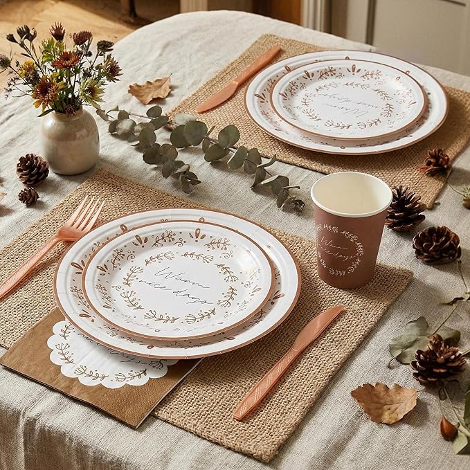 144Pcs Boho Birthday Party Supplies Decorations Brown Flower Paper Plates Napkins Vintage Party Tableware Disposable Dinnerware Set for Birthday Baby Shower Table Decor, Serve 24