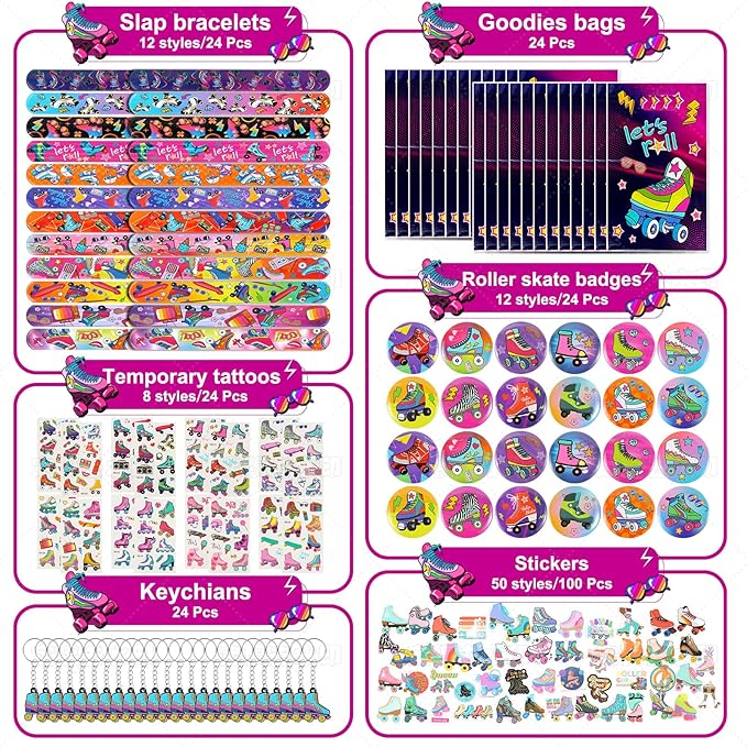Kolewo4ever 220 Pieces Roller Skate Party Supplies Set Bulk Slap Bracelets, Stickers, Key Chains, Pin Badges,Temporary Tattoos and Goodie Bag Fillers for Retro 1980s Hip Hop Party (Roller Skate)