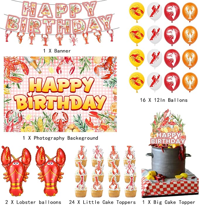 46Pcs Crawfish Boil Party Supplies Include Banner-Backdrop-Balloons-Cake Topper-Cupcake Toppers-Aluminum Film Balloons for Lobster Party Decorations