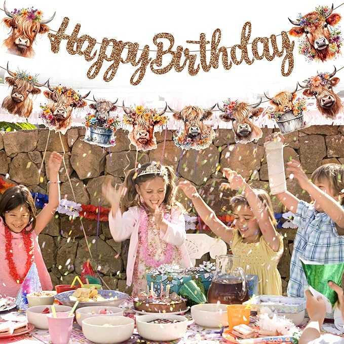 Brown Glitter Highland Cow Birthday Banner - Cattle Themed Party Decorations for Baby Shower Supplies