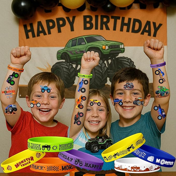 72PCS Monster Truck Party Favors for Kids - 48 Pre-Cut Temporary Tattoos & 24 Silicone Bracelets - Birthday Party Supplies, Goodie Bag Fillers, Carnival Prizes, Classroom Rewards for Boys & Girls