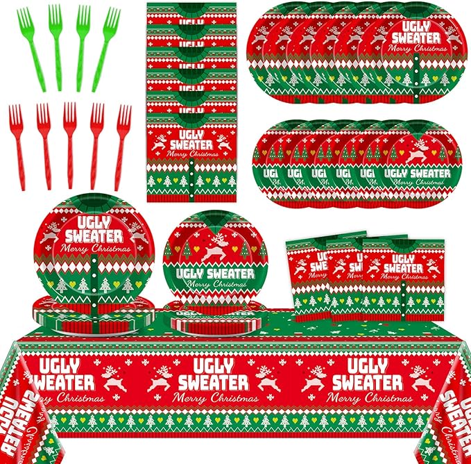 98 Pcs Christmas Ugly Sweater Party Supplies Tacky Sweater Party Plates Tablecloth Xmas Party Decorations for Christmas Holiday Tableware Set Paper Plates Napkins Forks for 24 Guests