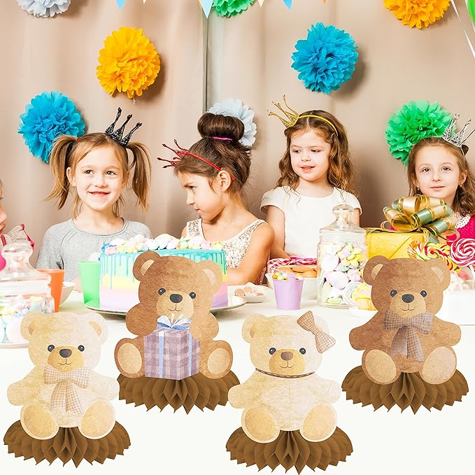 9pcs Teddy Bear Honeycomb Centerpieces Teddy Bear Birthday Decorations Bear Themed Table Decorations for Kids Teddy Bear Themed Birthday Party Gender Reveal Party Supplies