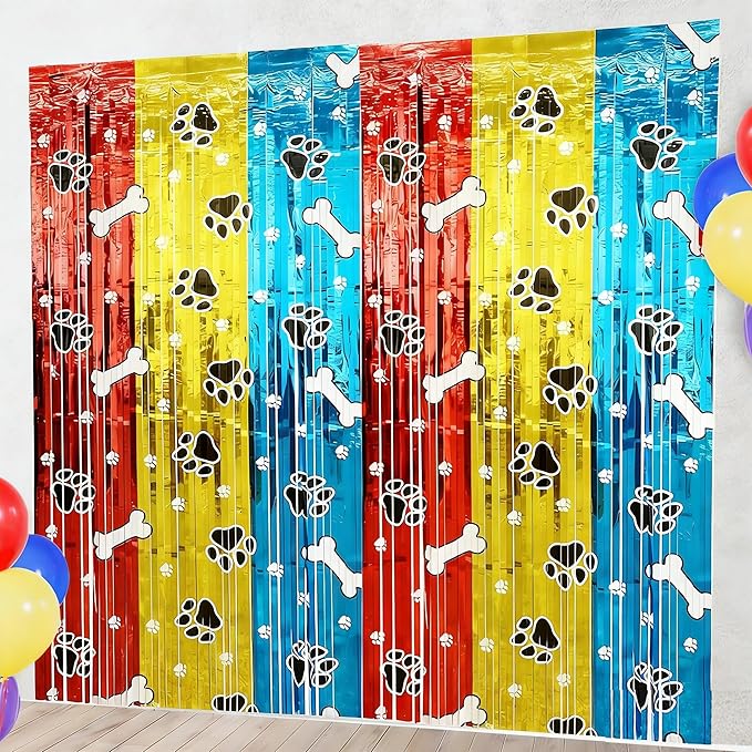 4 Pack Dog Birthday Party Decorations Foil Fringe Curtains Backdrop, 3.28 x 6.56 Ft Red Gold Blue Foil Fringe Tinsel Streamer Photo Booth Props for Birthday Party Supplies Favors