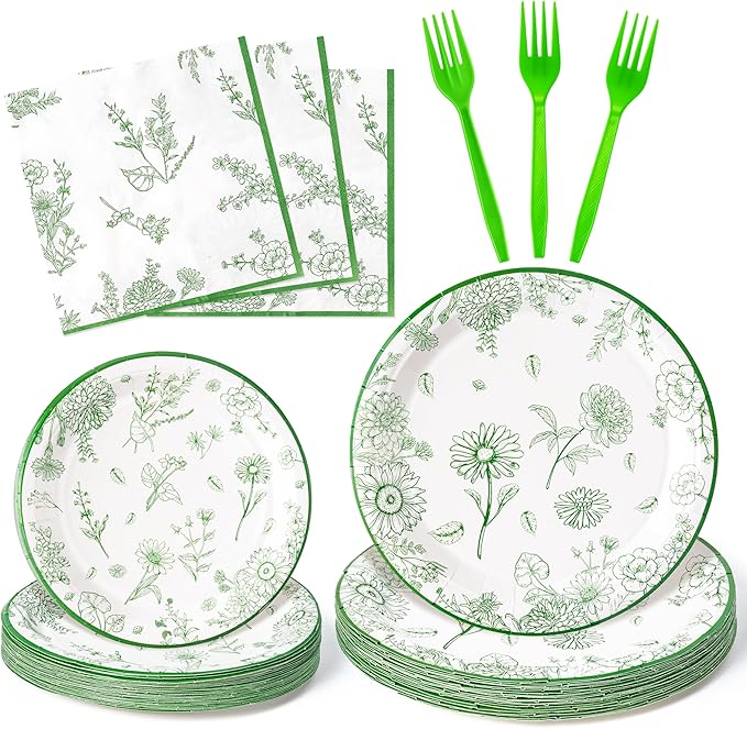 96Pcs Sage Green Floral Party Plates Supplies Green White Flower Wildflower Tableware Decorations Disposable Paper Plates Napkins Forks for Birthday Spring Summer Party Wedding, Serves 24