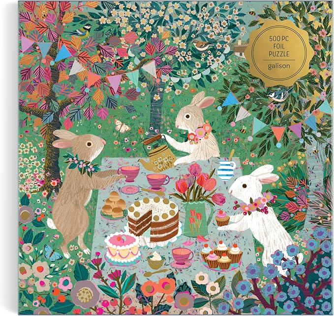 Galison Spring Tea Party – 500 Piece Foil Jigsaw Puzzle Featuring Beautiful Artwork of Rabbits Enjoying A Tea Party