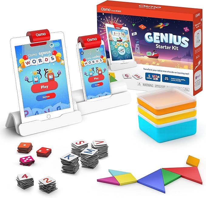 Osmo - Genius Starter Kit for iPad - 5 Educational Learning Games - Ages 6-10 - Math, Spelling, Creativity & More - STEM Toy Gifts for Kids, Boy & Girl - Ages 6 7 8 9 10 Base Included (5 Games, iPad)