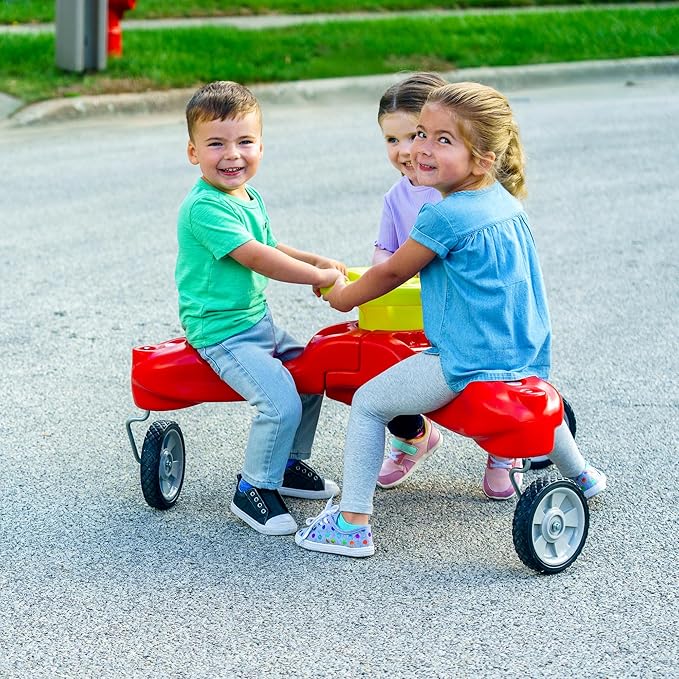 Simplay3 Boomerang Bike Ride-On Trike Toy for Ages 1.5-5, Accommodates Up to 3 Kids, Swivel Caster Wheels, 32" x 32" x 19.5", Red