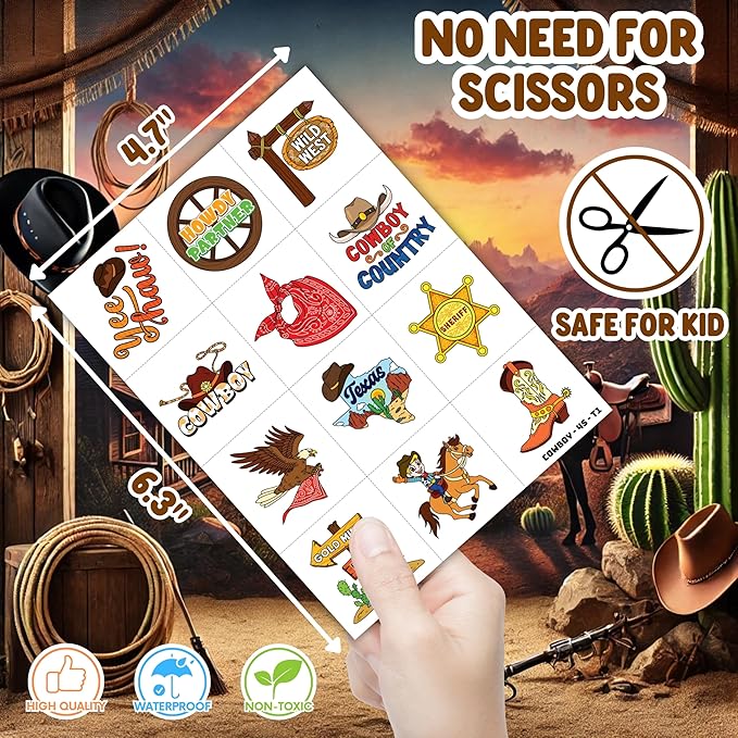 72PCS Cowboy Party Favors for Kids - 24 Slap Bracelets & 48 Pre-Cut Temporary Tattoos, Western Rodeo Birthday Party Supplies, Goodie Bag Fillers, Decorations for Boys & Girls