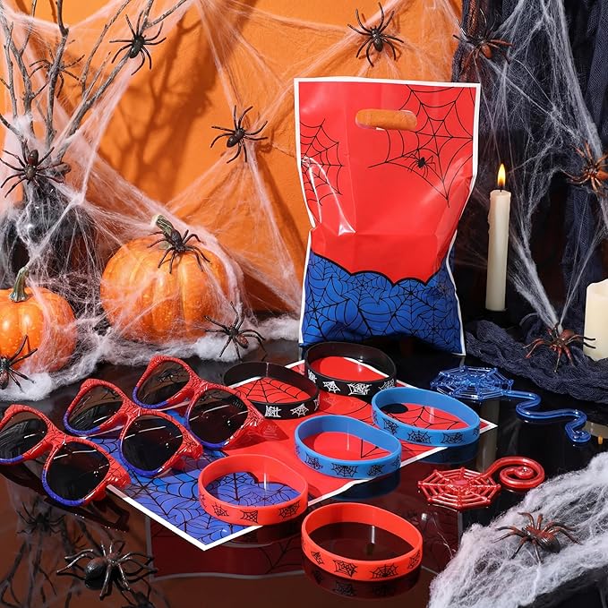 Soulchen 48 Pieces Spiderweb Birthday Party Decoration Set Spiderweb Gift Bags Spider Silicone Bracelet Sunglasses Cobweb Sticky Hands Toys for Birthday Party Supplies Favors (Classic)