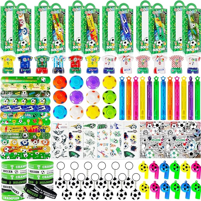 158Pcs Soccer Party Favors -12 Guests Set, Soccer Goodie Bag Stuffers with Rotatable Finger Stress Toys Whistles Bubble Wands Keychain Sticker for Kids Birthday Party Souvenirs Supplies