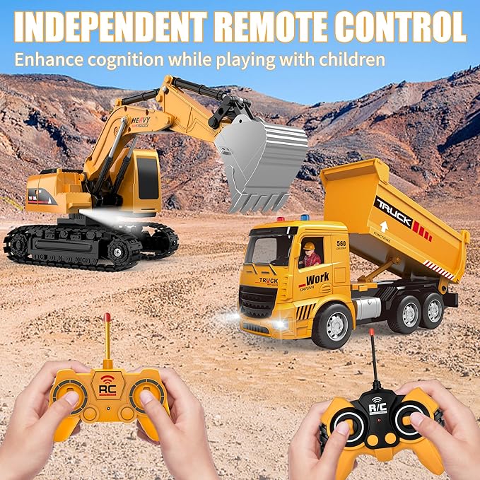 Remote Control Excavator and Dump Truck Toy Set - RC Construction Vehicles Toy with Barricades, Road Signs, Simulated Rocks, Lights and Sounds, Birthday Gifts for Toddlers 3-12 year Boys Girls