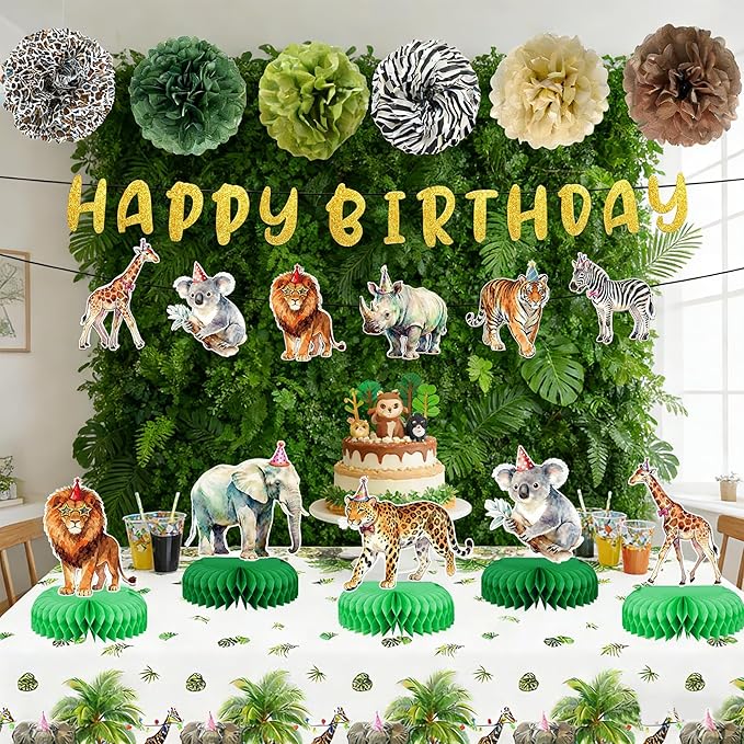 Safari Theme Party Decorations Animal Birthday Banner Jungle Tablecloth Centerpieces Hanging Swirl Decorations Animals Party Decorations for Wild Animals Party Supplies (Safari)