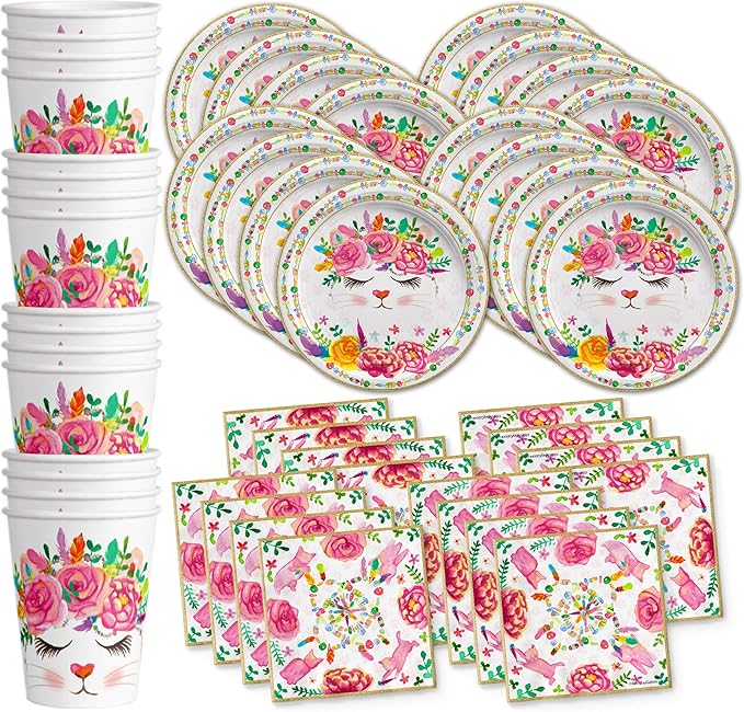 Kitten Kitty Cat Floral Birthday Party Supplies Set - Cat Birthday Party for Girl - Kitten 1st Birthday Party - Spring Party - Boho Party - Tableware Includes Plates, Napkins and Cups | Kit for 16