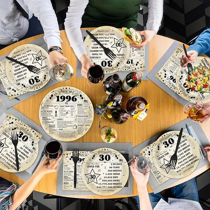 CHUNNIN 96Pcs 30th Birthday Plates and Napkins Back in 1996 Party Decorations Vintage 30 Year Old Party Dessert Plates 1996 Birthday Tableware for 24 Guests 30th Theme Men Woman Bday Parties Supplies