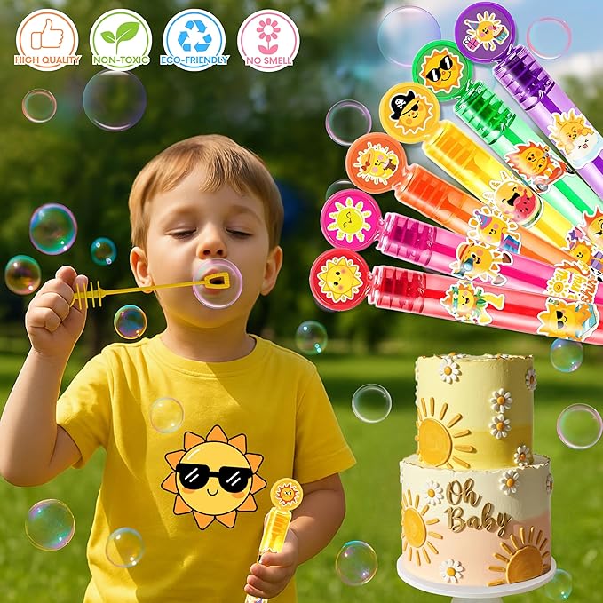 Sunshine Party Favors for Kids - 24PCS Smiling Sun Bubble Wands Bright Happy Theme Birthday Party Supplies Goodie Bag Fillers Classroom Rewards