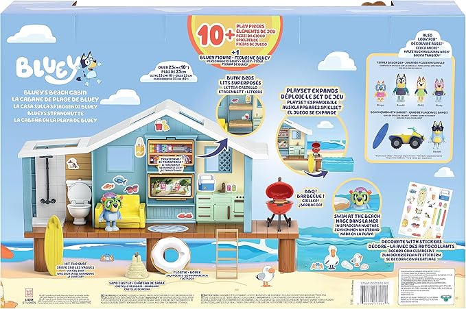 Bluey Beach Cabin Playset, 10”, Customizable Toddler House Playset with 10 Play Pieces and 2.5” Goggles Figure, Toy Houses for Kids Ages 3+