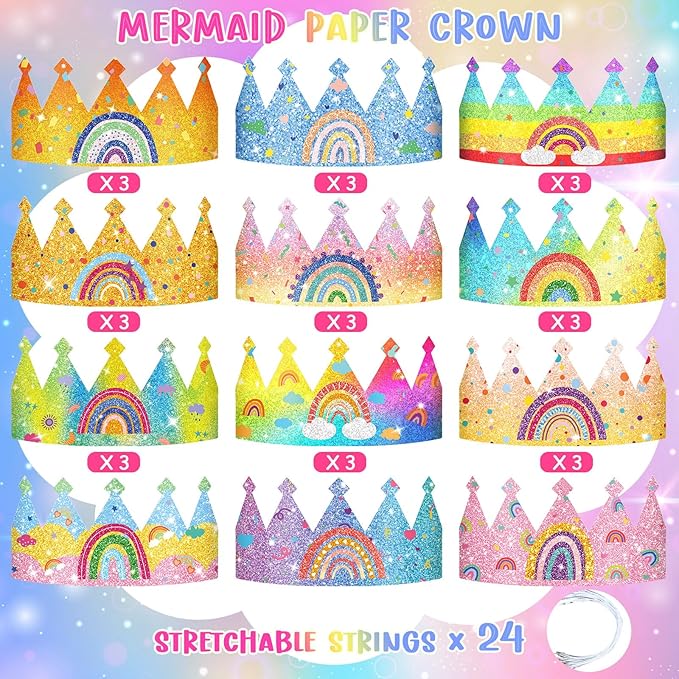 Sinmoe 32 Pcs Rainbow Birthday Party Crown for Kids Birthday Party Hats Rainbow Glitter Decorations Paper Crowns Headband for Girls Birthday, Rainbow Party Supplies, Classroom Activities,12 Styles