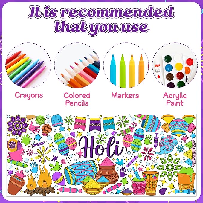 Jumbo Holi Coloring Poster - Happy Holi Festival DIY Drawing Color-in Paper Blank Doodle Art Banner 55.1 x 23.6 Inch Decor Home Family Community Activity Celebration Party Suppiles