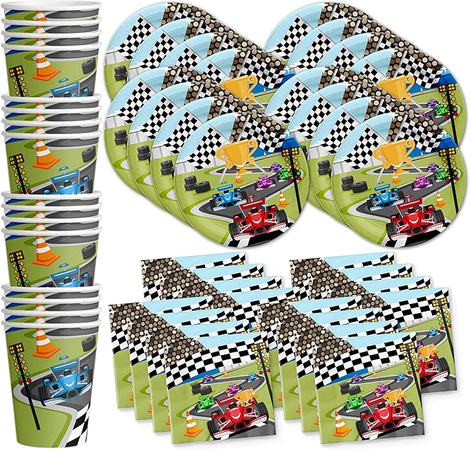 Race Car Birthday Party Supplies - Car Birthday Party Supplies for Boy - Racing Party Supplies and Decorations | Tableware Set Includes Plates Napkins and Cups | Kit for 16