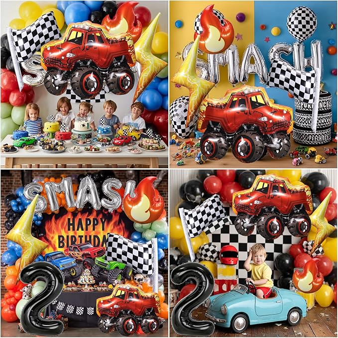 Truck Number 2 Balloons, Huge Truck Flags Lightning Flame Stars Aluminum Foil Balloons for 2nd Birthday, Race Car Theme Party Decorations Supplies