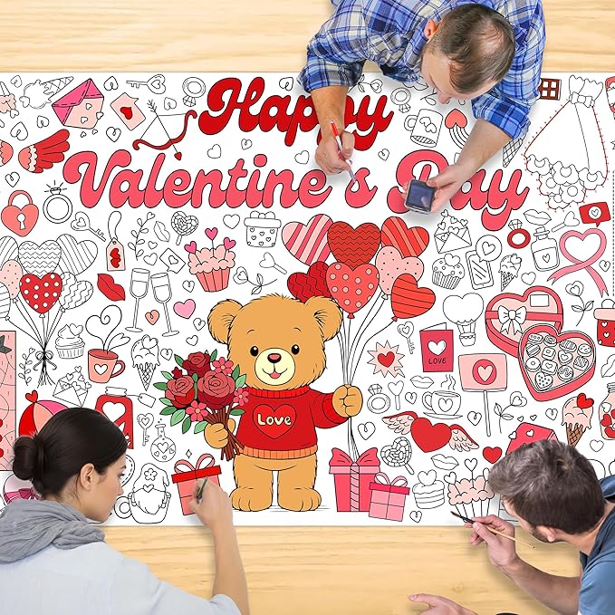 Valentine Coloring Tablecloth, Giant 30x72 Inch Poster with Bear, Hearts and Love Designs, Valentine’s Day Party Activities, Classroom Decorations, Party Supplies and Favors