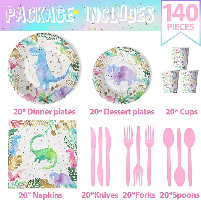 Pastel Dinosaur Party Supplies for 20 Guests, Girl Dinosaur Birthday Party Supplies Include Dinosaur Plates and Napkins Cups and Cutlery, Dinosaur Birthday Decorations Tableware Set for Girls Kids