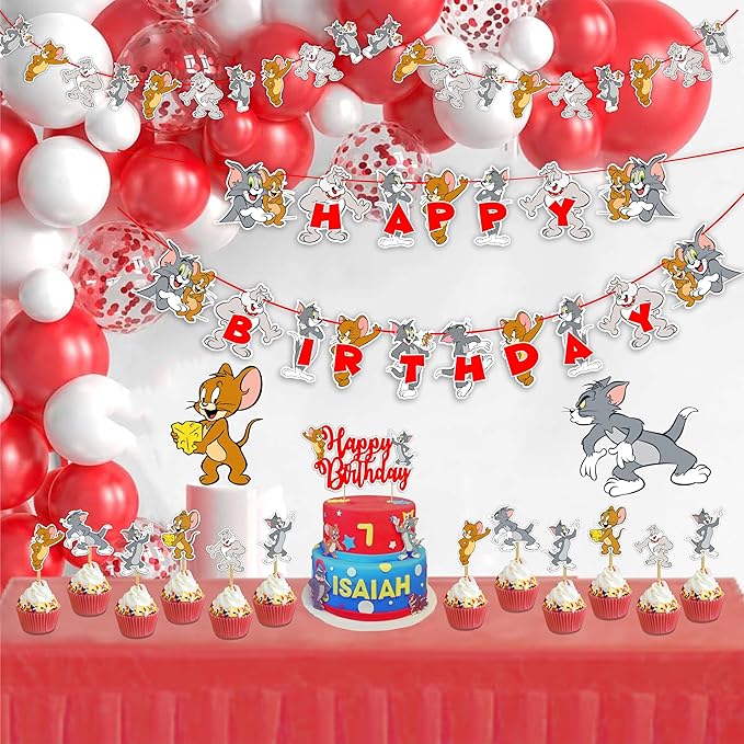 "Tom & Jery Theme Birthday Party Supplies – Cartoon Character – Complete Birthday Decoration Set with Banner, Cake Topper, Cupcake Toppers and Party Accessories for Boys & Girls"