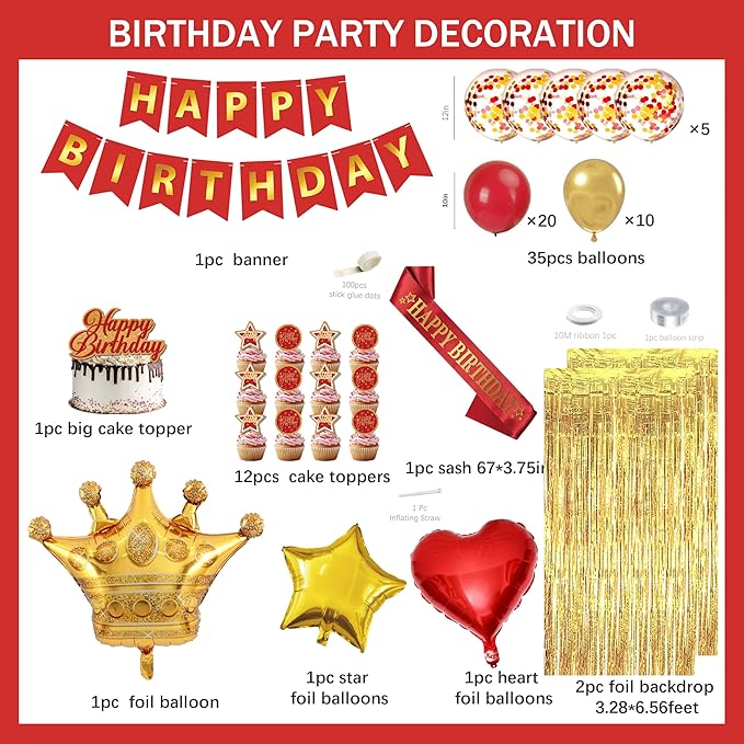 Red And Gold Birthday Decorations for Women,Fringe Curtains Happy Birthday Banner,Red balloons,Cake Toppers for girls