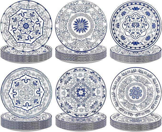60Pcs Blue and White Flower Party Paper Plates 9 Inch Disposable Heavy Duty Blue White Chinoiserie Floral Dessert Plates Vintage Porcelain Decorations for Wedding Baby Shower Birthday Party Supplies