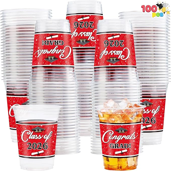 JOYIN 100 Pcs 16oz Graduation Party Plastic Cups (Red), Grad Disposable Cups for Class of 2026 Graduates, PET Cup Tableware Bulk for 2026 High School College Graduation Grad School Party Supply Decor