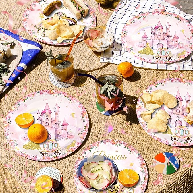 CANREVEL 96 PCS Princess Party Plates Serve 24, Princess Plates and Napkins Forks Set, Disposable Tableware for Birthday Supplies Party Decorations for Grils Kids Women