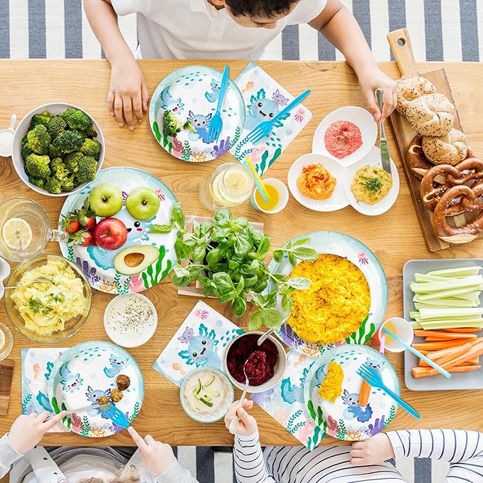 96Pcs Blue Axolotl Cute Cartoon Animals Party Plates Supplies Tableware Decorations Disposable Paper Plates Napkins Forks for Kids Birthday Baby Shower, Serves 24