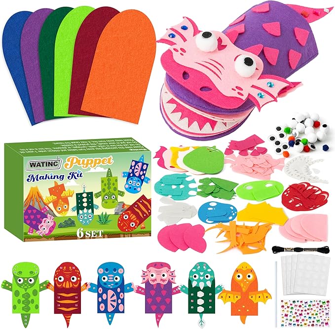 WATINC 6Pcs Hand Puppet Making Kit, Art Craft Felt Sock Puppet Toys, Creative DIY Make Your Own Pompoms Wiggle Googly Eyes Storytelling Role Play Party Supplies Gift for Girls Boys (Dinosaurs B)