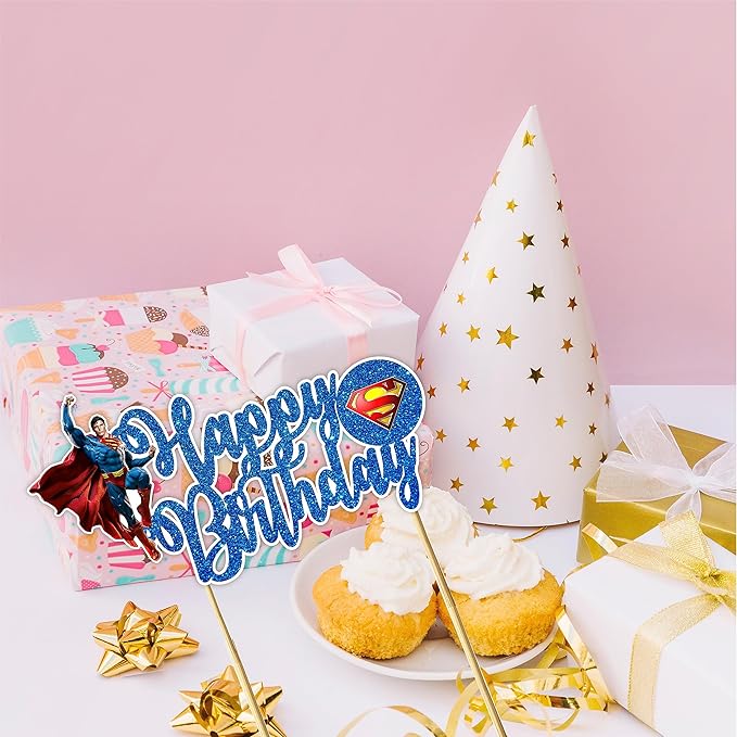 Suprmn Happy Birthday Cake Topper – Theme Party Decoration for Boys – Premium Quality Glitter Cake Topper for Birthday Cake, Birthday Party Supplies, Cartoon Character Party Decor