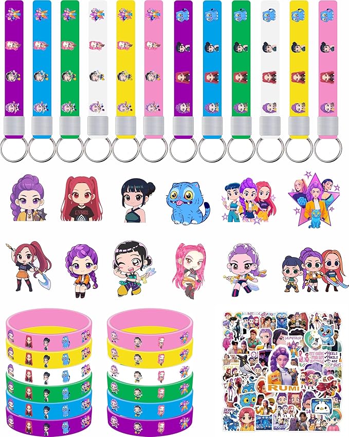 Demon Movie Hunters Birthday Party Supplies, 86pcs Birthday Party decorations Set Included 12 Bracelets, 12 Acrylic Pins, 12 Keychains, 50 Stickers, for Boys and Girls Cartoon Theme Party.