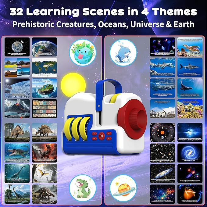 Story Projector for Toddlers Kids Ages 3+ with 4 Story Cards, Earth, Ocean, Dinosaurs, Space, Built-in Audio Player, 9 Sleep Sounds & 5 Night Light Modes, Dual Power Gift Toy for Boys Girls