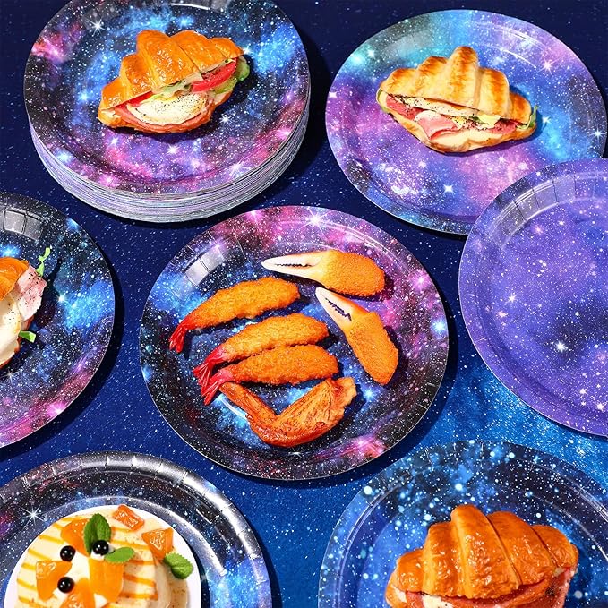 60 Pcs Galaxy Party Plates 9 Inch Astronaut Outer Space Paper Plates Starry Night Sky Birthday Party Supplies for Baby Shower Galaxy Planet Decoration