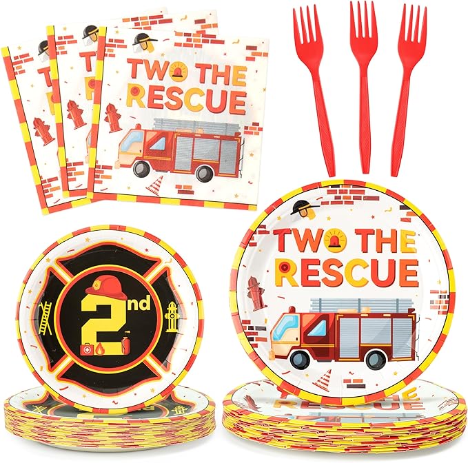 Haooryx Two the Rescue Party Tableware - 96Pcs Firefighter 2nd Birthday Decoration Red Yellow Fire Truck Themed Disposable Plates Napkins Forks for Kids 2 Years Old Birthday Party Table Decor Supply