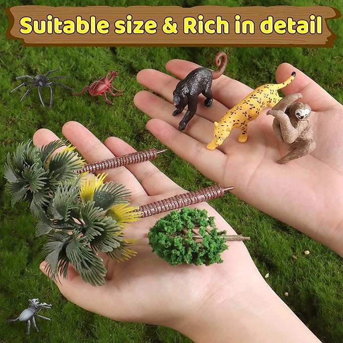 37PCS Rainforest Animals Figures Toys Set, Rainforest Diorama Supplies Include Jungle Animal Figurines,Trees, Moss, Sand, Stones for Kids Historical Education School Project Decoration Birthday