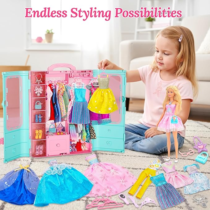 70 Pcs Doll Closet with Clothes & Accessories Playset,2 Wedding Gowns 6 Fashion Dresses 2 Tops 2 Pants 2 Swimsuits 10 Shoes 20 Hangers 27 Accessories Toys for Girls Kids Birthday Gifts