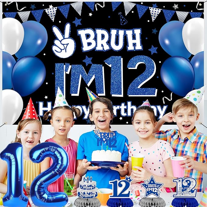 DARUNAXY 12th Birthday Party Decorations for Boys Girls, Blue Bruh I’m 12 Banner, 12 Number Balloons & Cake Topper, Sweet 12 Years Old Birthday Honeycomb Hanging Swirls Party Supplies