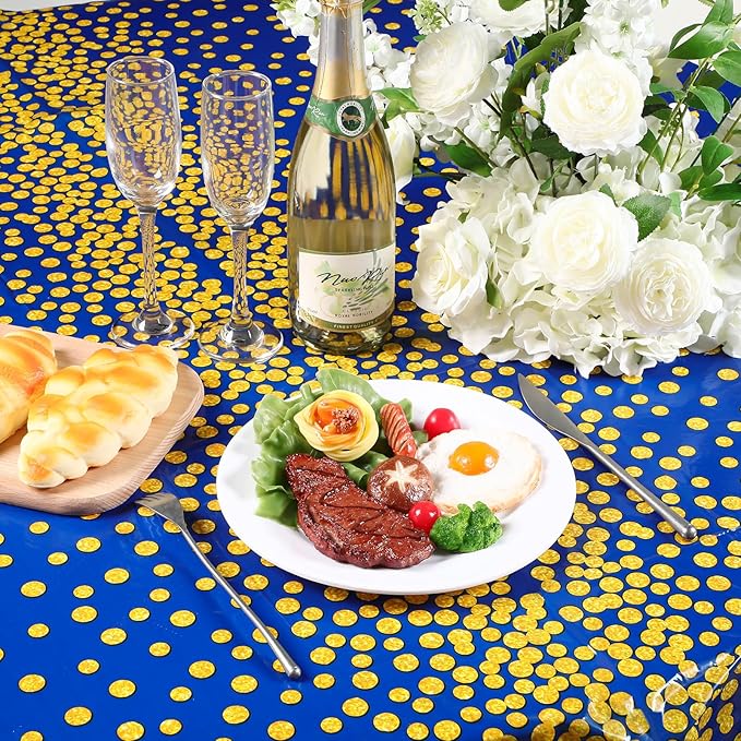 VitalCozy Round Dot Tablecloth 84 Inch Plastic Table Cover Polka Dot Confetti Tablecloths for Easter 2026 Graduation Prom Wedding Birthday Spring Party Supplies(Blue and Gold,3 Pcs)
