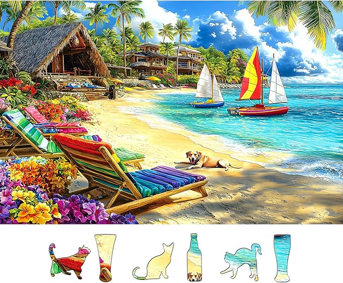 500 Piece Jigsaw Puzzle for Adults Tropical Beach Summer Scene with Sailboats & Palm Trees, Relaxing Vacation Puzzle with Letters on Back Fun Gift for Seniors, Family, Adults (23x15 Inch)